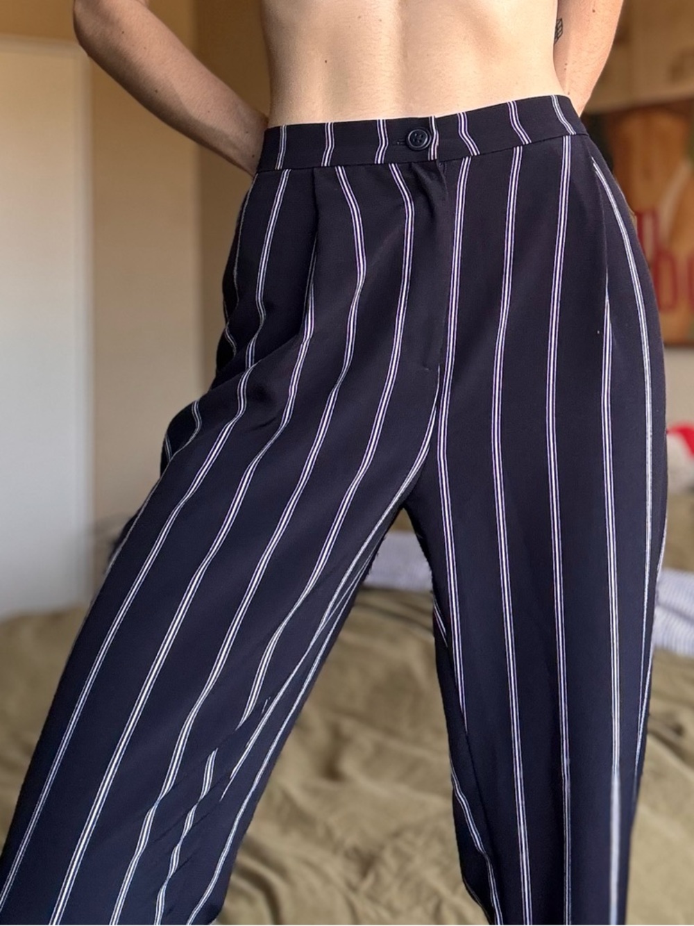 H&M Navy Wide-Leg Pinstripe Trousers